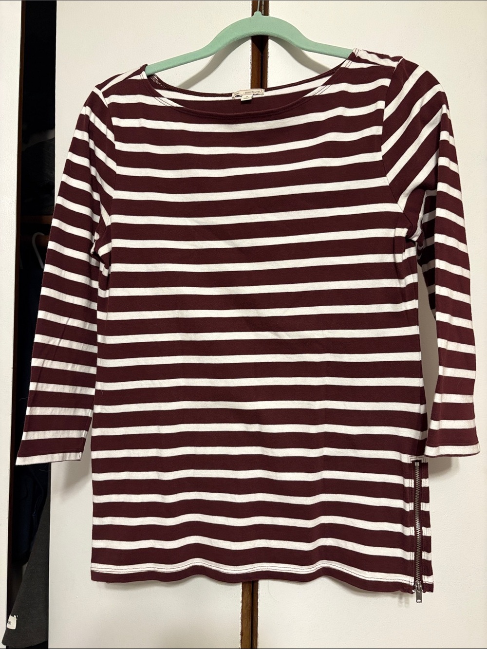 GAP Maroon and White Striped Boatneck Top with Side Zip Old school GAP